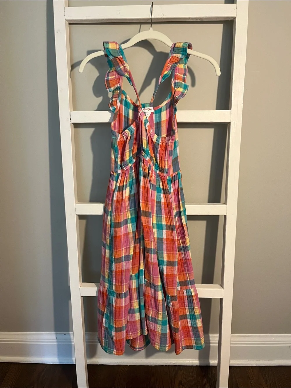 Gymboree Pink, Orange, Yellow & Teal Plaid Ruffle Strap Dress
